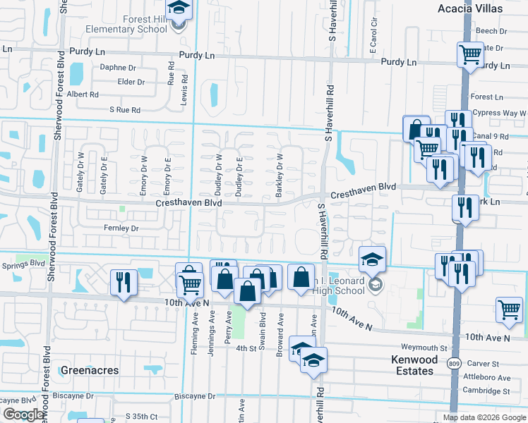 map of restaurants, bars, coffee shops, grocery stores, and more near 2822 Crosley Drive East in West Palm Beach