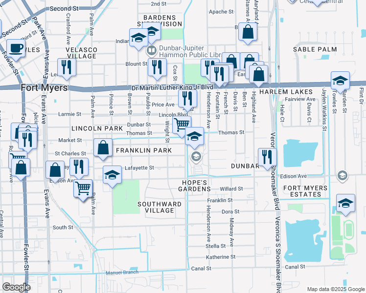 map of restaurants, bars, coffee shops, grocery stores, and more near 3136 Thomas Street in Fort Myers