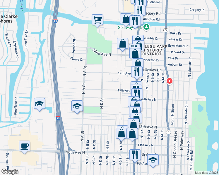 map of restaurants, bars, coffee shops, grocery stores, and more near 1249 18th Avenue North in Lake Worth