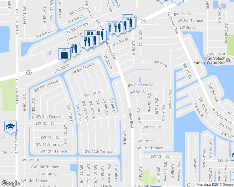 map of restaurants, bars, coffee shops, grocery stores, and more near 813 Southwest 8th Place in Cape Coral