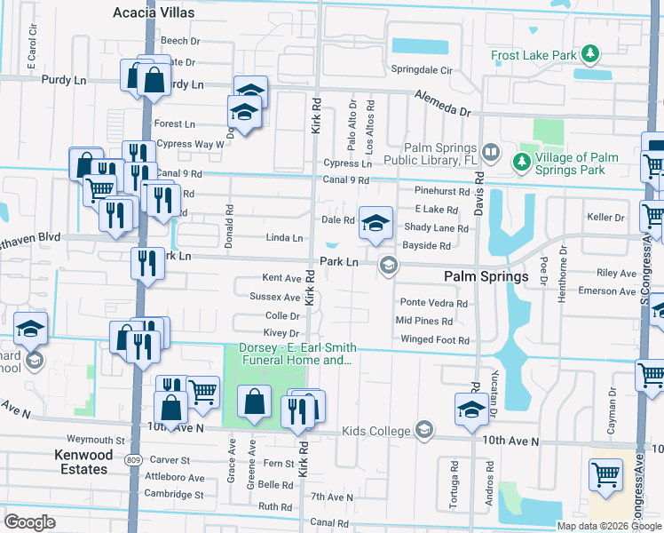 map of restaurants, bars, coffee shops, grocery stores, and more near 3934 Park Lane in West Palm Beach
