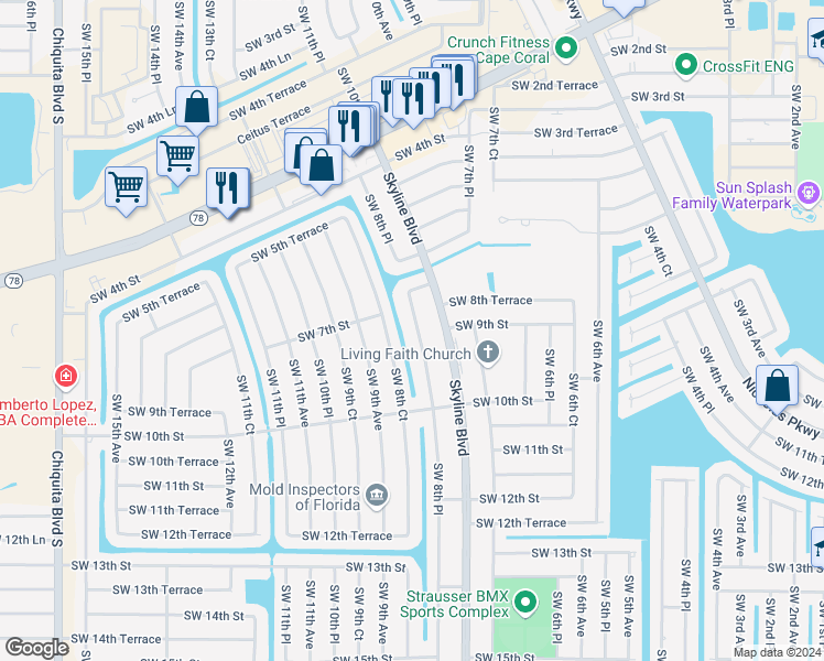 map of restaurants, bars, coffee shops, grocery stores, and more near 818 Southwest 8th Place in Cape Coral