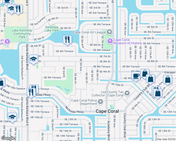 map of restaurants, bars, coffee shops, grocery stores, and more near 519 Southeast 8th Terrace in Cape Coral