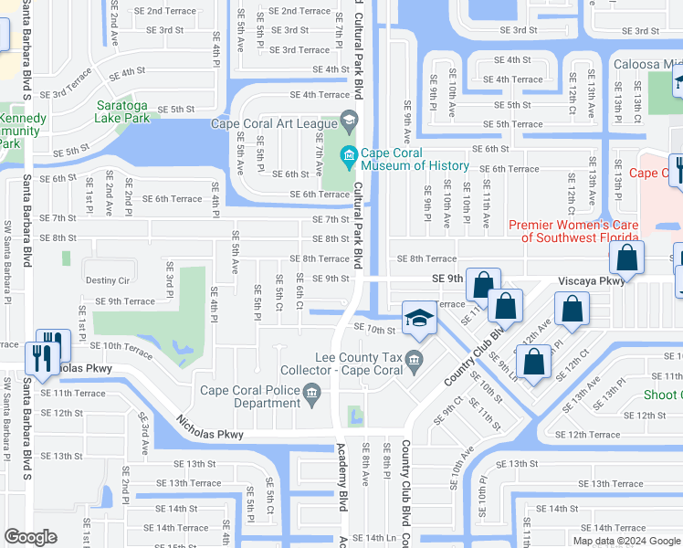 map of restaurants, bars, coffee shops, grocery stores, and more near 709 Southeast 9th Street in Cape Coral