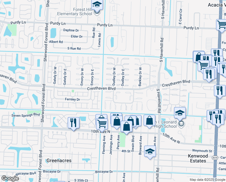 map of restaurants, bars, coffee shops, grocery stores, and more near 5738 Cresthaven Boulevard in West Palm Beach