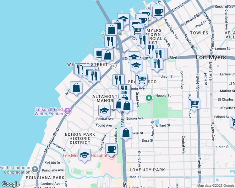 map of restaurants, bars, coffee shops, grocery stores, and more near 2208 Cleveland Avenue in Fort Myers
