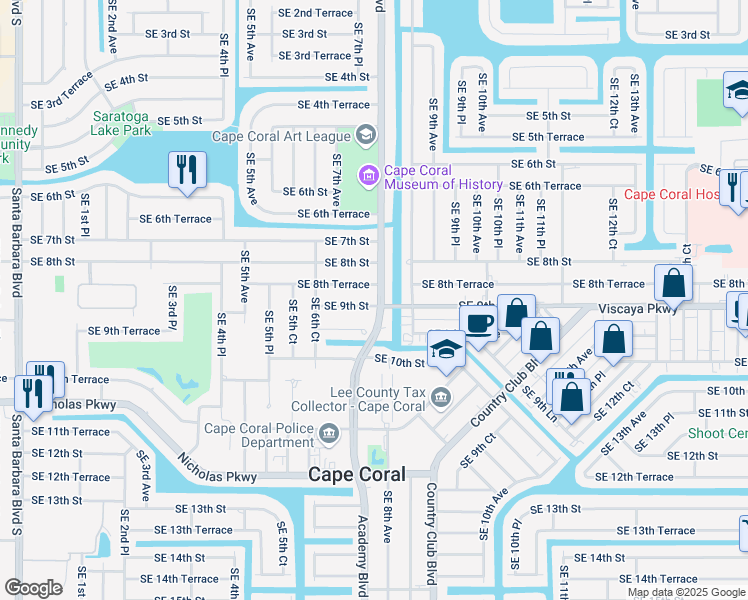map of restaurants, bars, coffee shops, grocery stores, and more near 811 Cultural Park Boulevard in Cape Coral