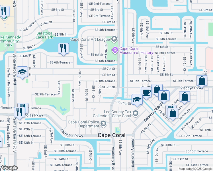 map of restaurants, bars, coffee shops, grocery stores, and more near 619 Southeast 8th Terrace in Cape Coral