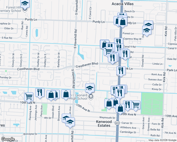 map of restaurants, bars, coffee shops, grocery stores, and more near 2800 Ashley Drive East in West Palm Beach