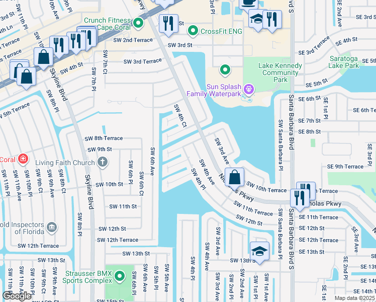 map of restaurants, bars, coffee shops, grocery stores, and more near 801 Southwest 4th Avenue in Cape Coral
