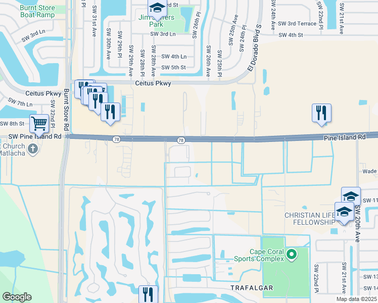 map of restaurants, bars, coffee shops, grocery stores, and more near 3335 Grant Cove Circle in Cape Coral
