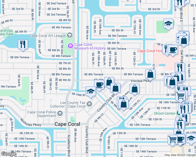 map of restaurants, bars, coffee shops, grocery stores, and more near 1001 Southeast 8th Terrace in Cape Coral