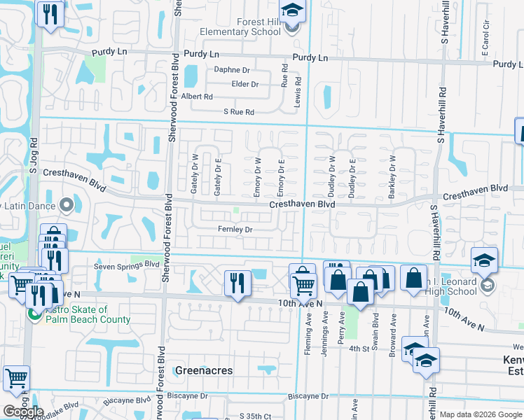 map of restaurants, bars, coffee shops, grocery stores, and more near 5739 Cresthaven Boulevard in West Palm Beach