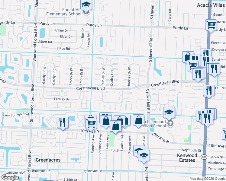 map of restaurants, bars, coffee shops, grocery stores, and more near 2784 Dudley Drive East in West Palm Beach