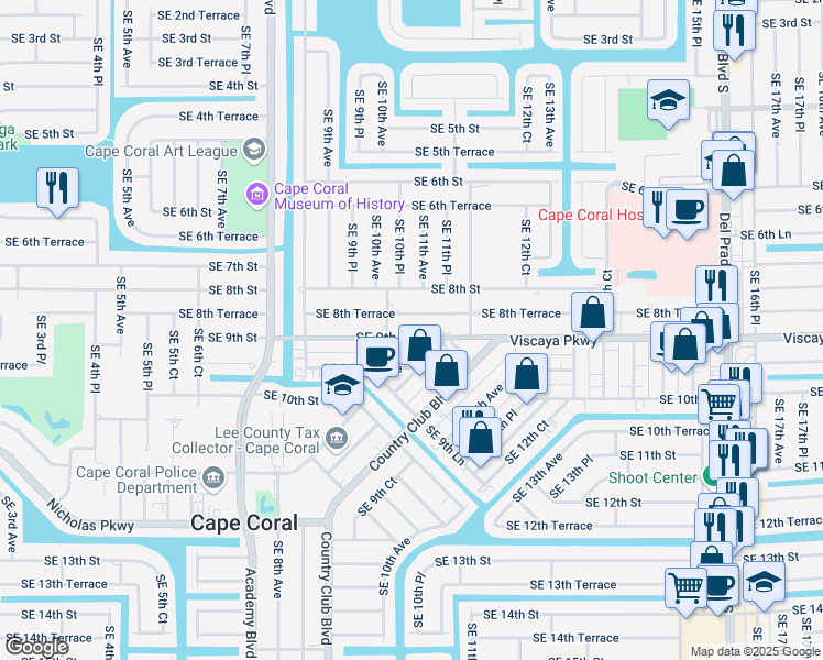 map of restaurants, bars, coffee shops, grocery stores, and more near 1013 Southeast 9th Street in Cape Coral