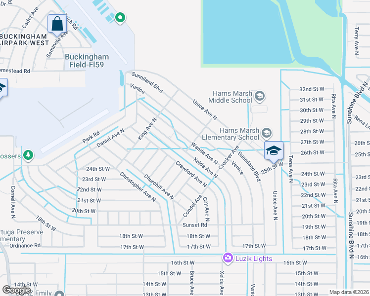 map of restaurants, bars, coffee shops, grocery stores, and more near 2027 Wanda Avenue North in Lehigh Acres