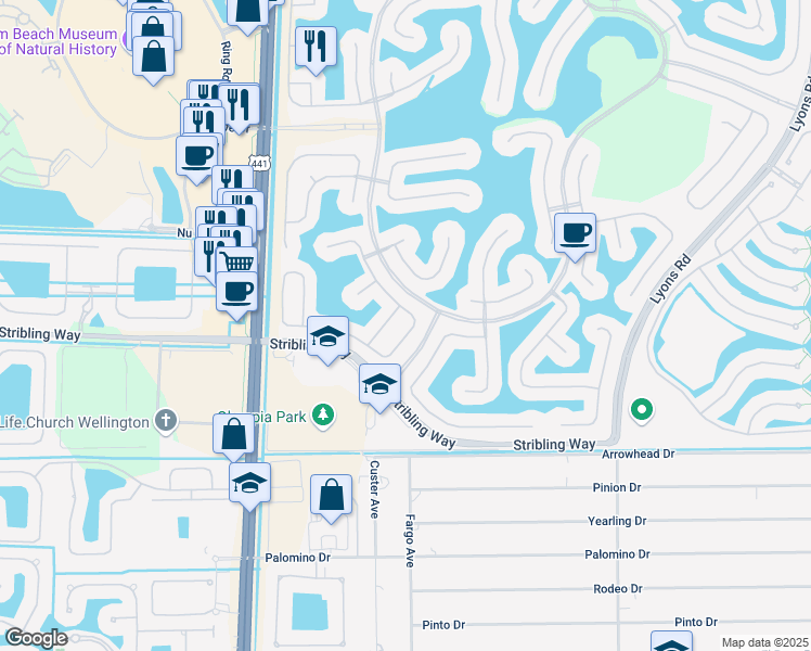 map of restaurants, bars, coffee shops, grocery stores, and more near 2820 Shaughnessy Drive in Wellington