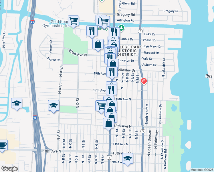 map of restaurants, bars, coffee shops, grocery stores, and more near 1128 18th Avenue North in Lake Worth