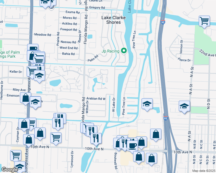map of restaurants, bars, coffee shops, grocery stores, and more near 8111 West Lake Drive in West Palm Beach