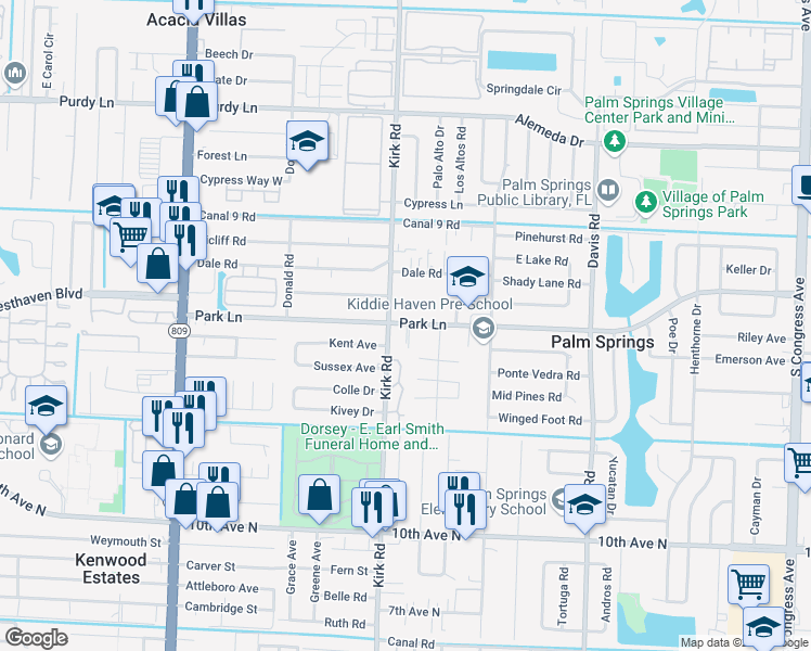 map of restaurants, bars, coffee shops, grocery stores, and more near 3981 Park Lane in West Palm Beach