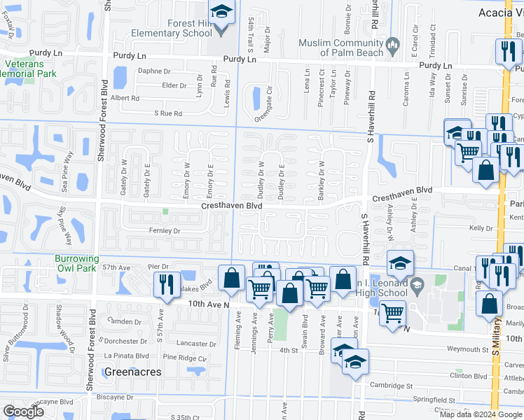 map of restaurants, bars, coffee shops, grocery stores, and more near 5738 Cresthaven Boulevard in West Palm Beach