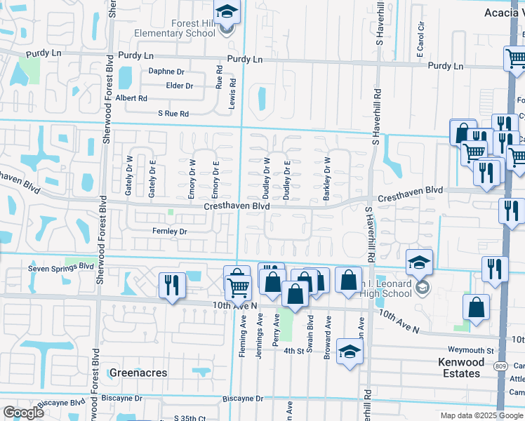 map of restaurants, bars, coffee shops, grocery stores, and more near 2703 Dudley Drive West in West Palm Beach