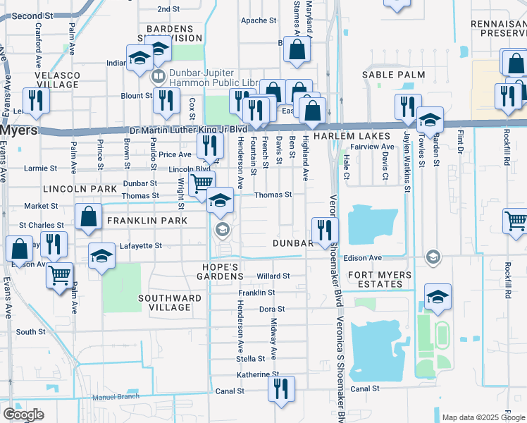 map of restaurants, bars, coffee shops, grocery stores, and more near 3319 Handy Court in Fort Myers