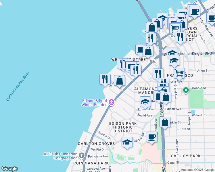 map of restaurants, bars, coffee shops, grocery stores, and more near 2350 West First Street in Fort Myers