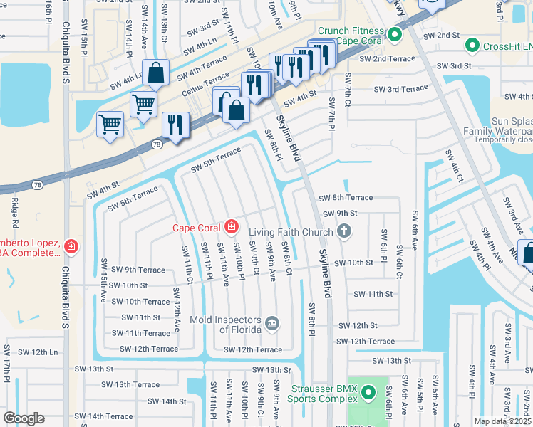 map of restaurants, bars, coffee shops, grocery stores, and more near 639 Southwest 8th Court in Cape Coral