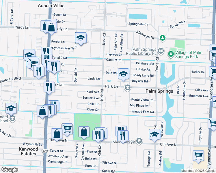 map of restaurants, bars, coffee shops, grocery stores, and more near 3946 Park Lane in West Palm Beach