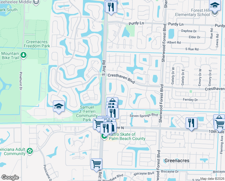 map of restaurants, bars, coffee shops, grocery stores, and more near 710 Sunny Pine Way in Greenacres