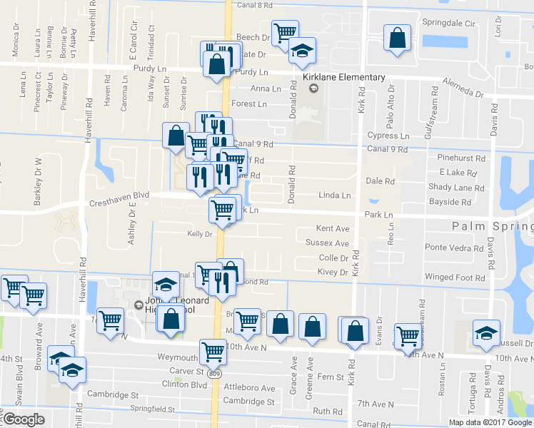 map of restaurants, bars, coffee shops, grocery stores, and more near 4332 Park Lane in West Palm Beach