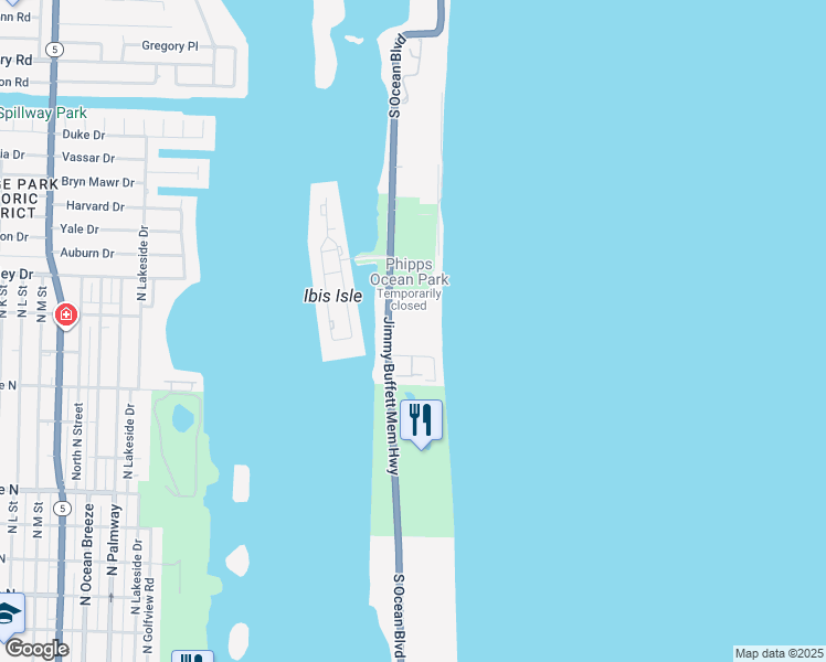 map of restaurants, bars, coffee shops, grocery stores, and more near 2295 South Ocean Boulevard in Palm Beach