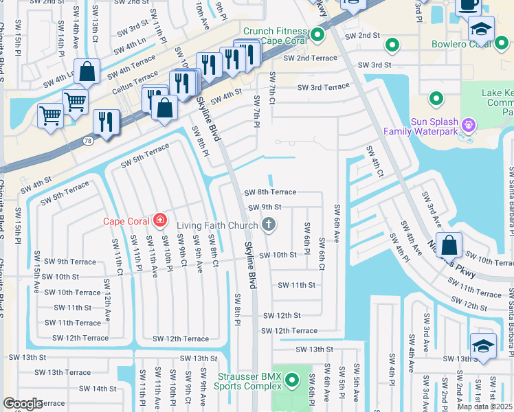map of restaurants, bars, coffee shops, grocery stores, and more near 746 Southwest 8th Terrace in Cape Coral