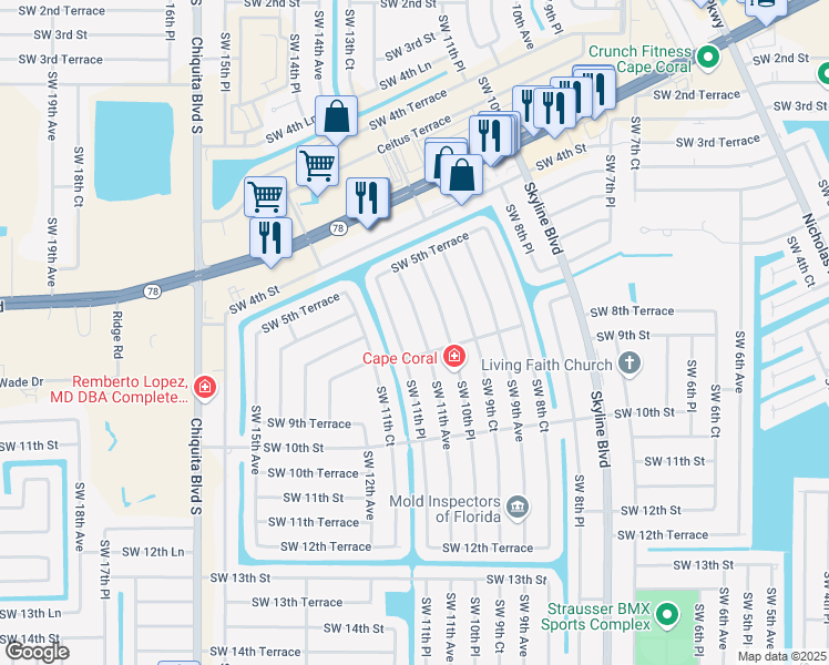 map of restaurants, bars, coffee shops, grocery stores, and more near 622 Southwest 11th Avenue in Cape Coral