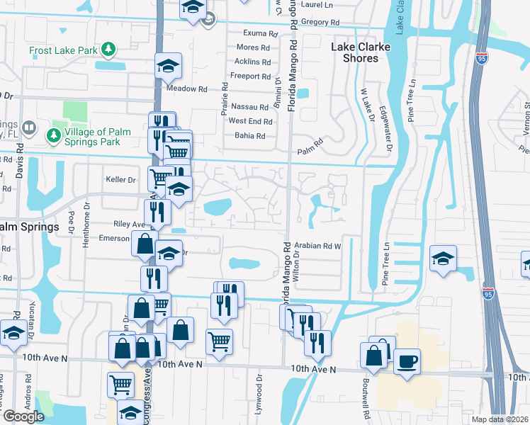 map of restaurants, bars, coffee shops, grocery stores, and more near 189 Lake Arbor Drive in Palm Springs