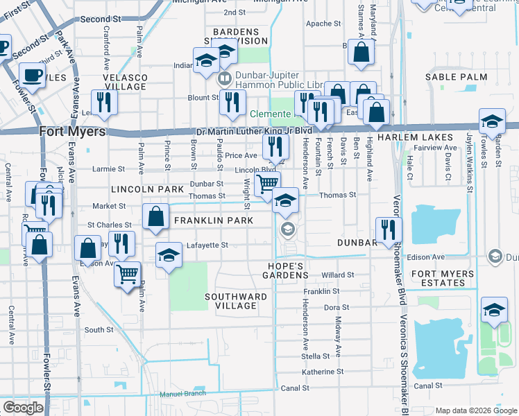 map of restaurants, bars, coffee shops, grocery stores, and more near 3136 Thomas Street in Fort Myers