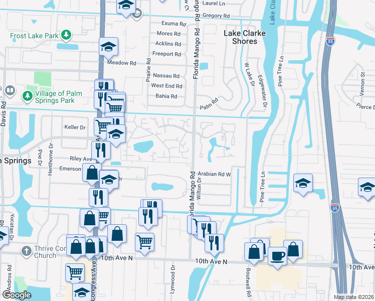 map of restaurants, bars, coffee shops, grocery stores, and more near 2534 Boundbrook Drive South in West Palm Beach