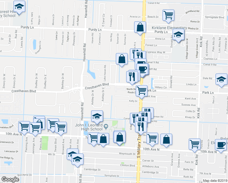 map of restaurants, bars, coffee shops, grocery stores, and more near 4722 Cresthaven Boulevard in West Palm Beach