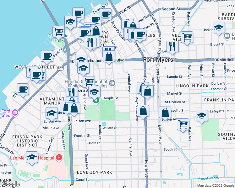 map of restaurants, bars, coffee shops, grocery stores, and more near 2336 Victoria Avenue in Fort Myers