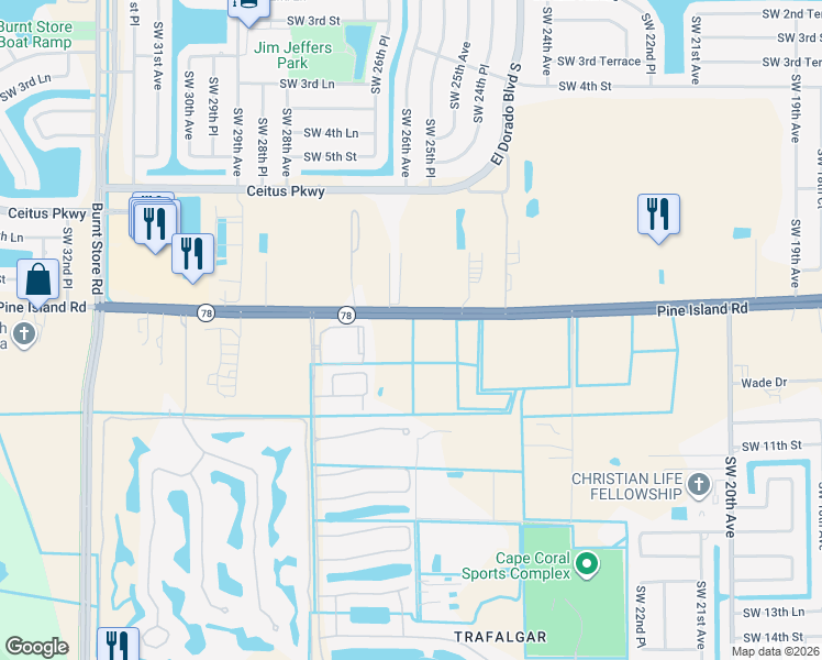 map of restaurants, bars, coffee shops, grocery stores, and more near 2500 Southwest Pine Island Road in Cape Coral