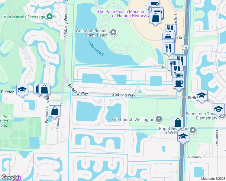 map of restaurants, bars, coffee shops, grocery stores, and more near 3326 Siena Circle in Wellington