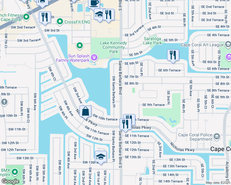 map of restaurants, bars, coffee shops, grocery stores, and more near 817 Southwest Santa Barbara Place in Cape Coral