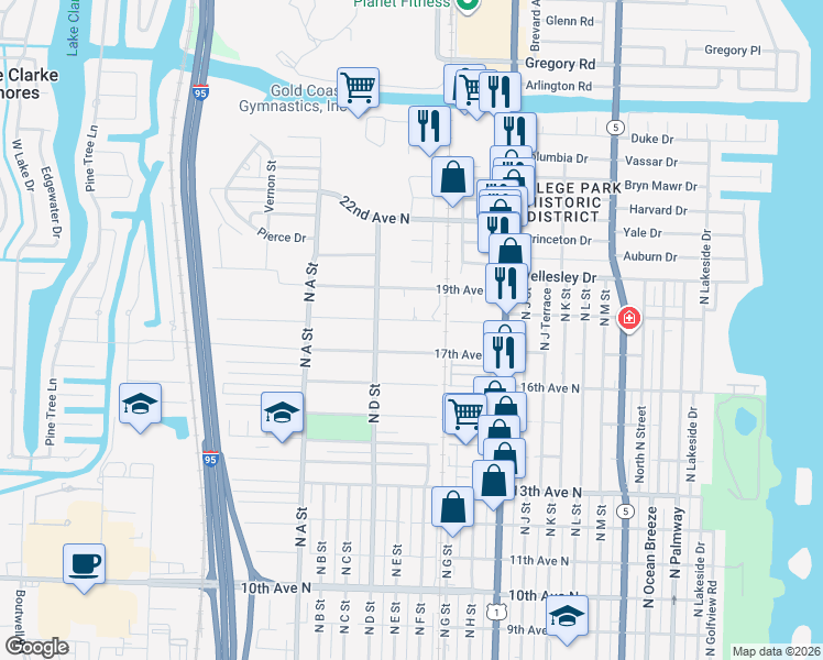 map of restaurants, bars, coffee shops, grocery stores, and more near 1249 18th Avenue North in Lake Worth