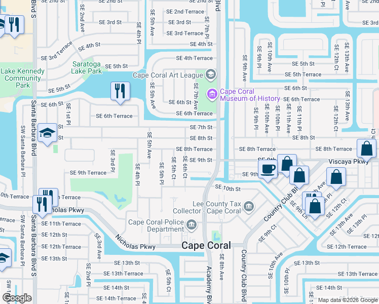 map of restaurants, bars, coffee shops, grocery stores, and more near 547 Southeast 8th Terrace in Cape Coral