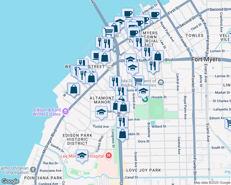 map of restaurants, bars, coffee shops, grocery stores, and more near 2208 Cleveland Avenue in Fort Myers