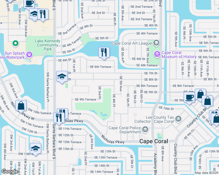 map of restaurants, bars, coffee shops, grocery stores, and more near 818 Southeast 4th Place in Cape Coral