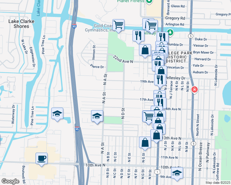 map of restaurants, bars, coffee shops, grocery stores, and more near 1505 18th Avenue North in Lake Worth