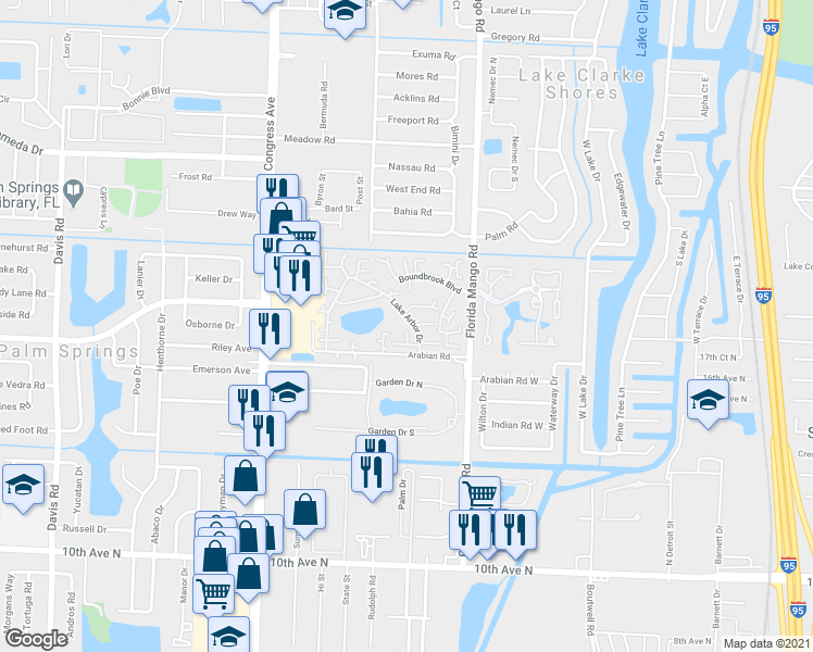 map of restaurants, bars, coffee shops, grocery stores, and more near 241 Lake Arbor Drive in Palm Springs
