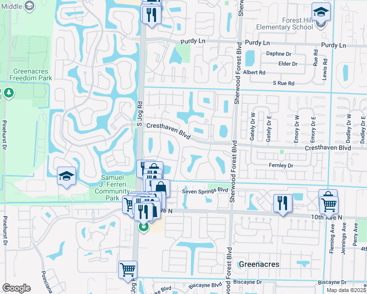 map of restaurants, bars, coffee shops, grocery stores, and more near 703 Sunny Pine Way in Greenacres